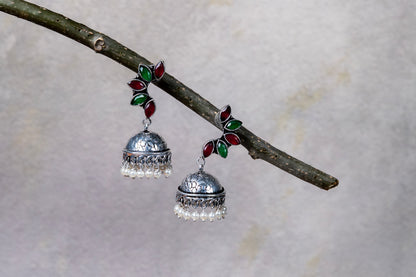 German Silver Earrings with Multicolor Leaf Cabochons & Jhumka