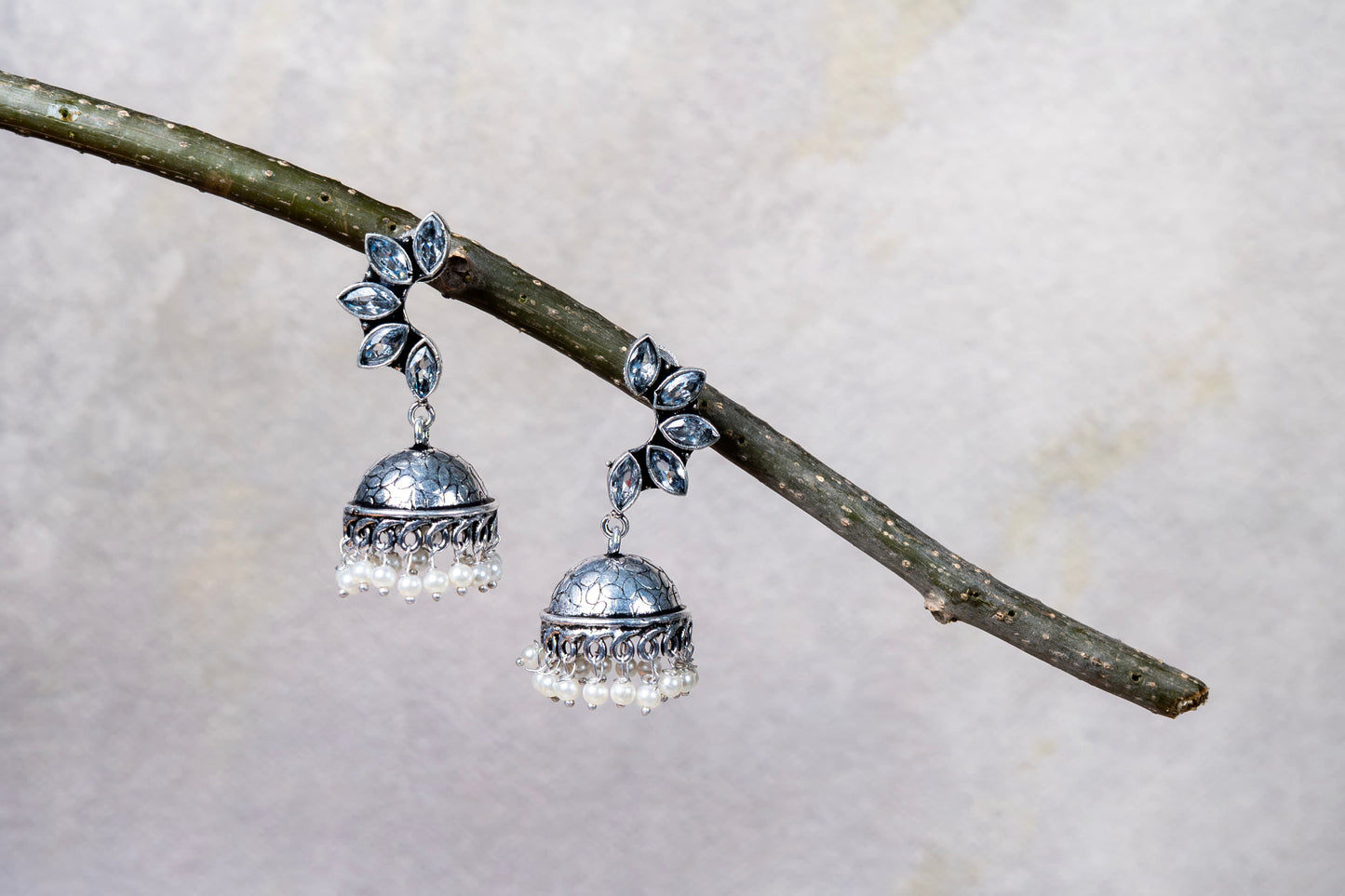 German Silver Earrings with Multicolor Leaf Cabochons & Jhumka