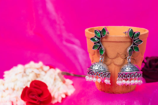 German Silver Earrings with Multicolor Leaf Cabochons & Jhumka