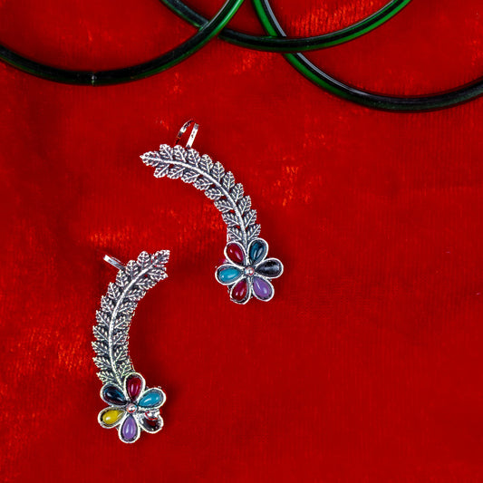 German Silver Leaf Earrings with Multicolor Cabochon Flower