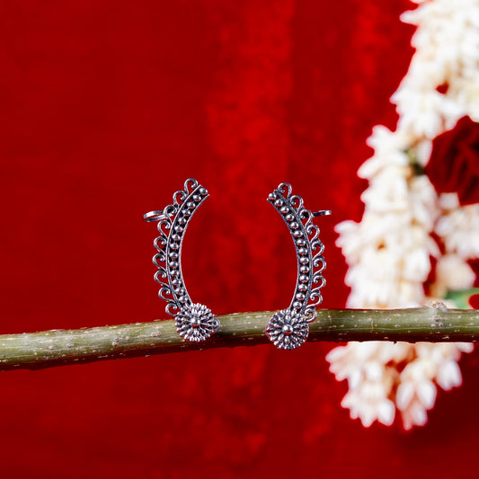 Oxidised Long Curved Earrings with Sunburst Floral Ends