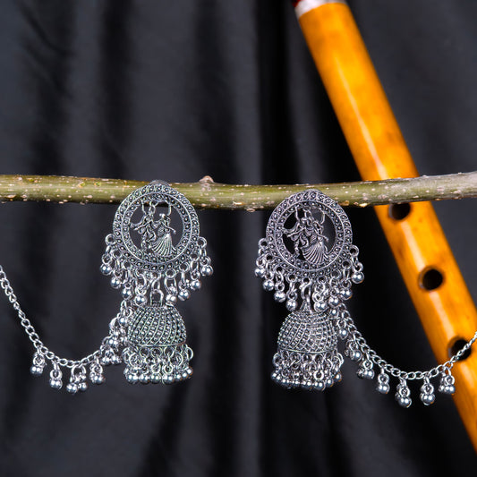 Oxidised Radha-Krishna Motif Earrings with Dangling Jhumkas