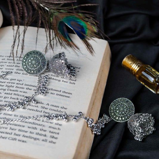 Oxidised Earrings with Intricate Mandala Design & Jhumka Dangle