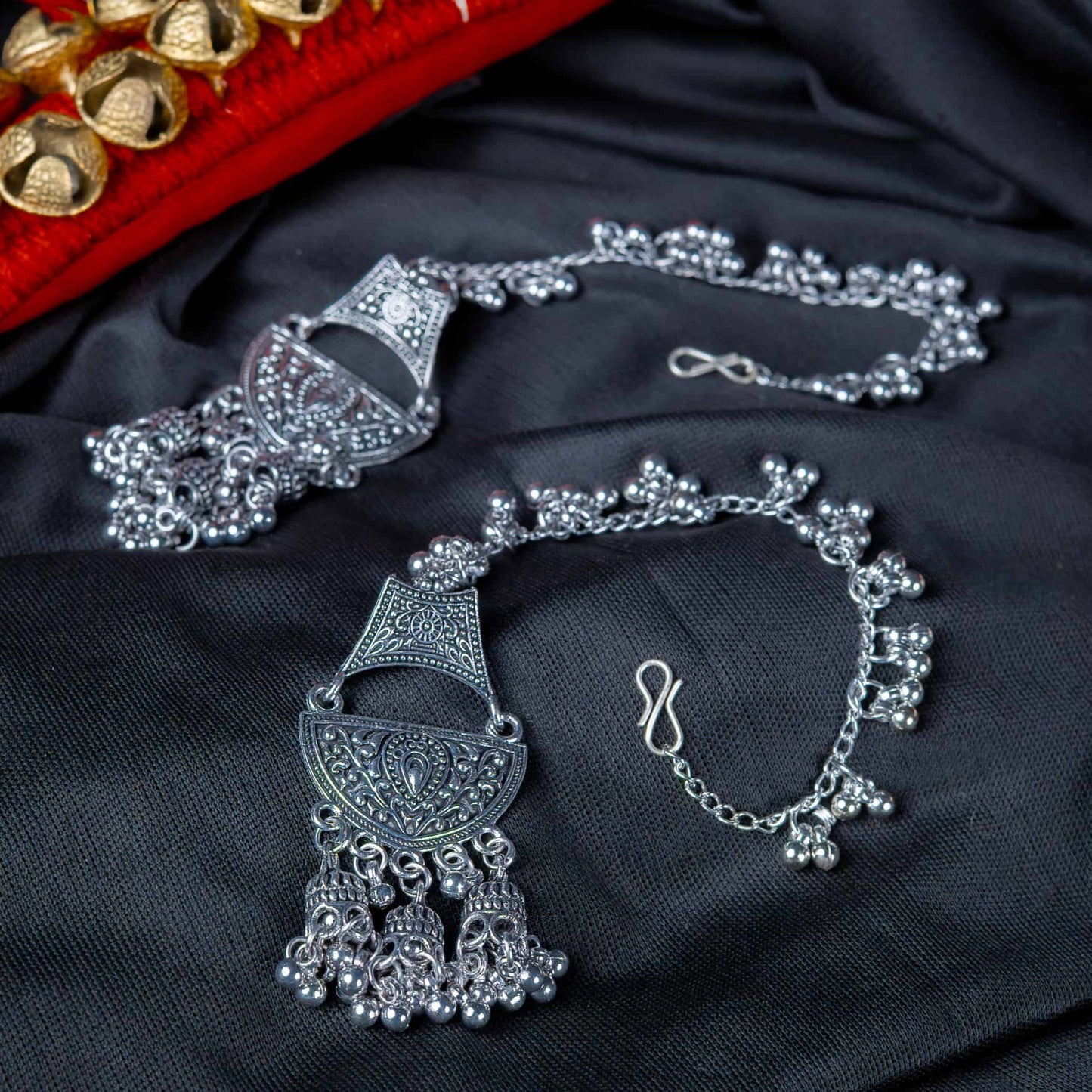 Oxidised Half-Moon Chandbali Earrings with Bell Tassels