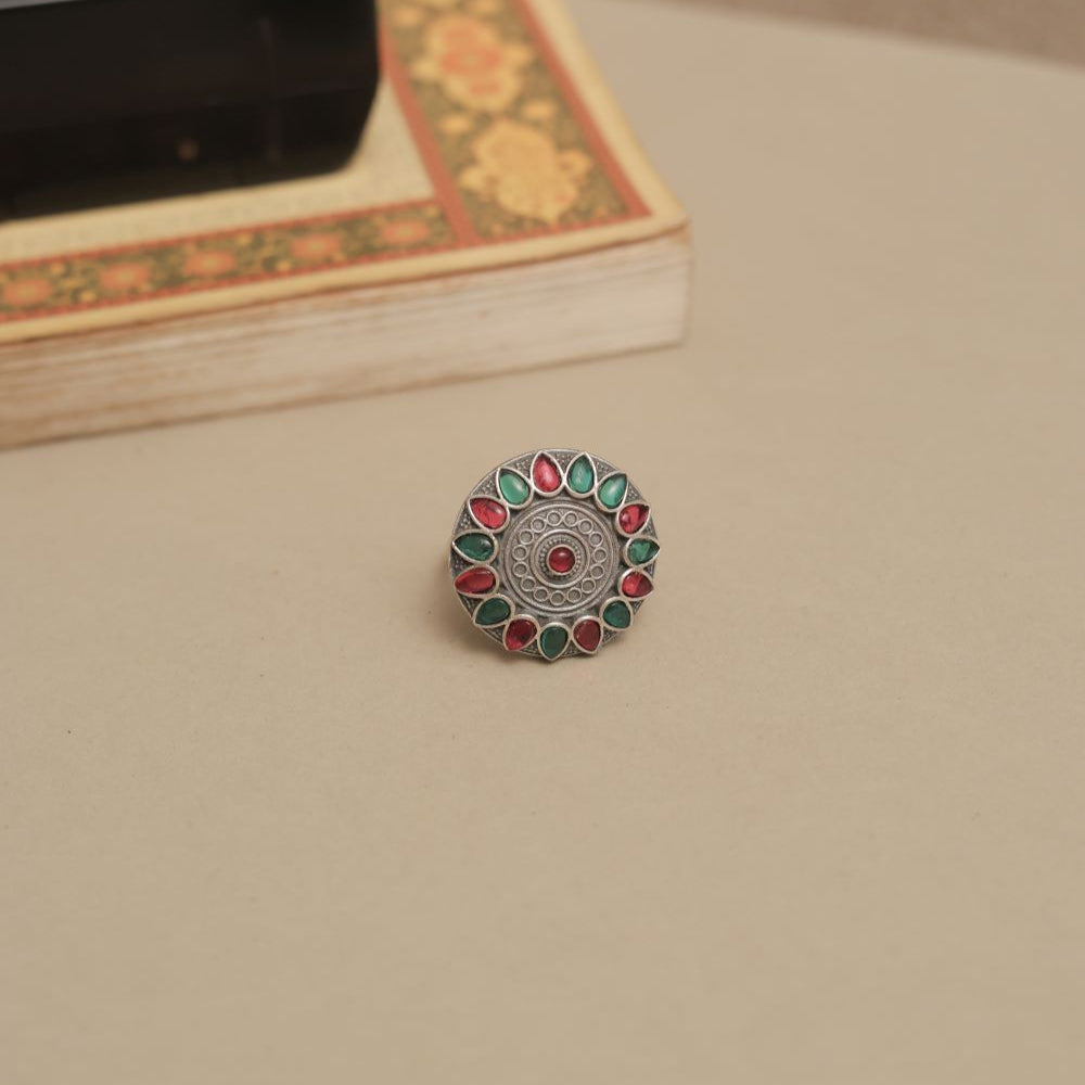 German Silver  Mandala Design Ring with Multicolor Petal Cabochons