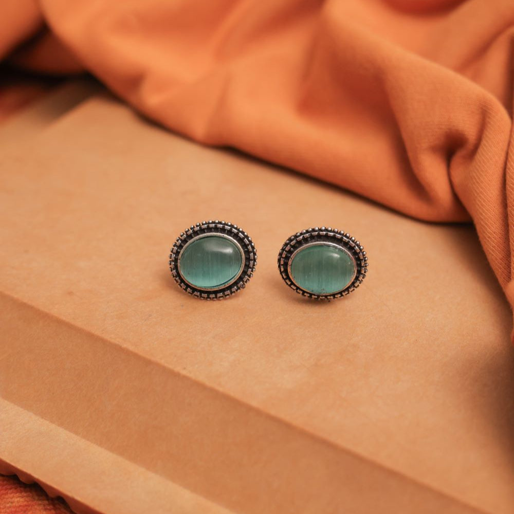 Oxidise Silver Oval Multicolor Gem Stud Earrings (Pack Of 12)