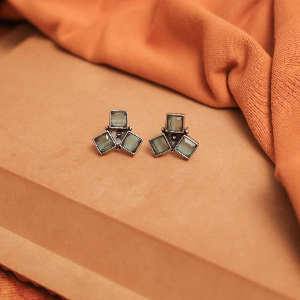 Multicolor Oxidised Tri-Gem Stud Earrings (Pack Of 12)