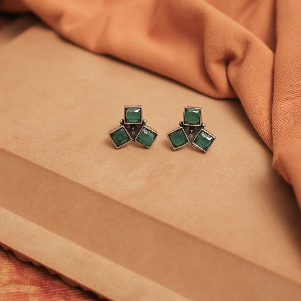 Multicolor Oxidised Tri-Gem Stud Earrings (Pack Of 12)