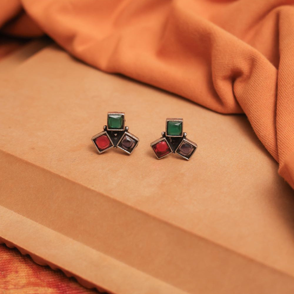 Multicolor Oxidised Tri-Gem Stud Earrings (Pack Of 12)