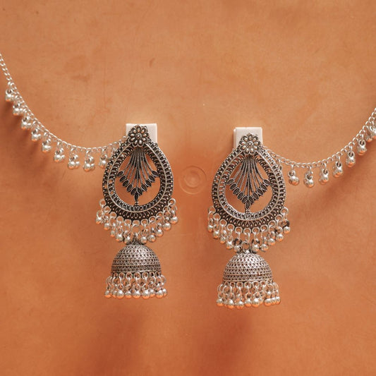 Oxidised Leaf Teardrop Earring with Jhumka Dangles