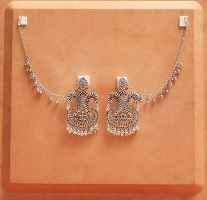 Oxidised Earrings with Ornate Design & Dangling Beads