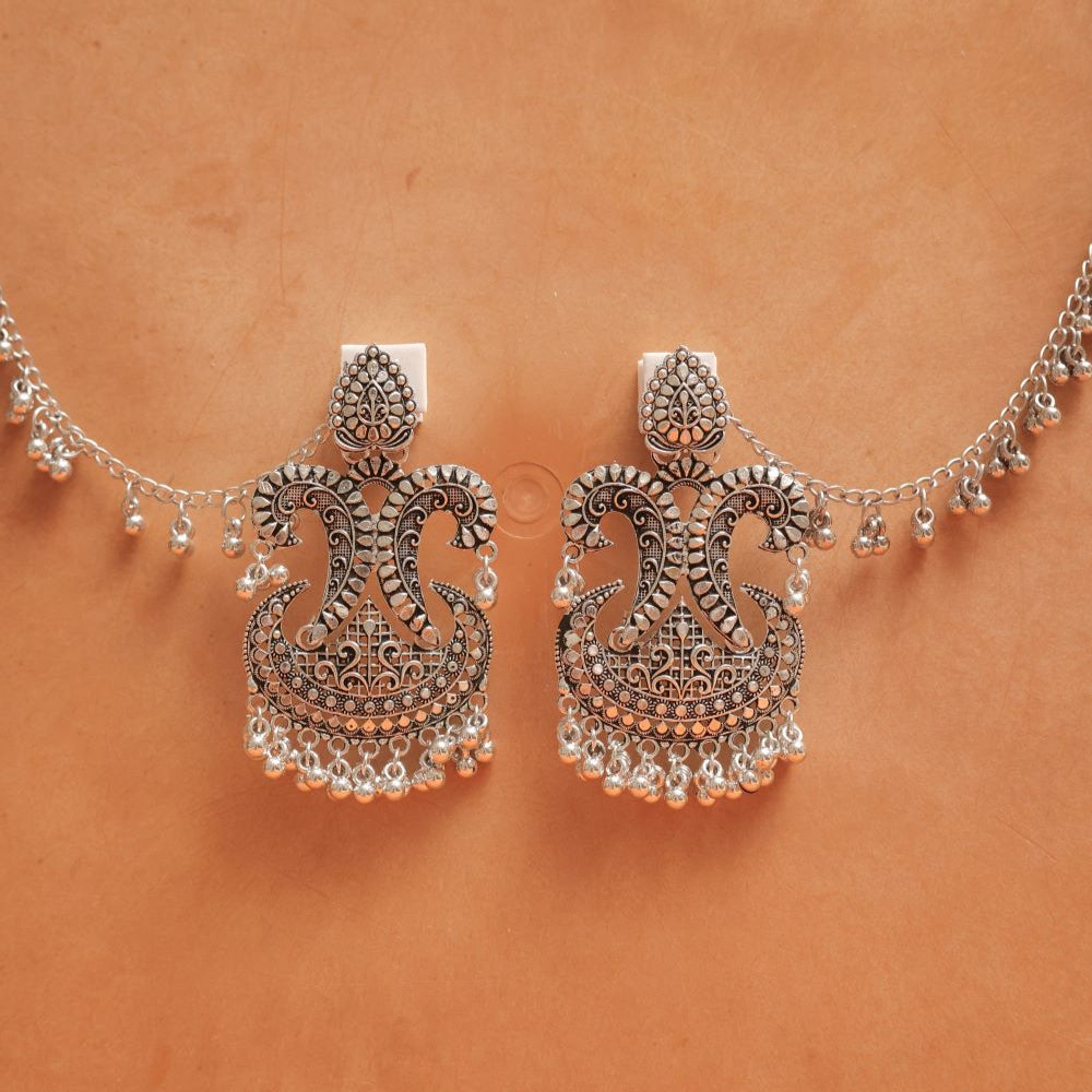 Oxidised Earrings with Ornate Design & Dangling Beads