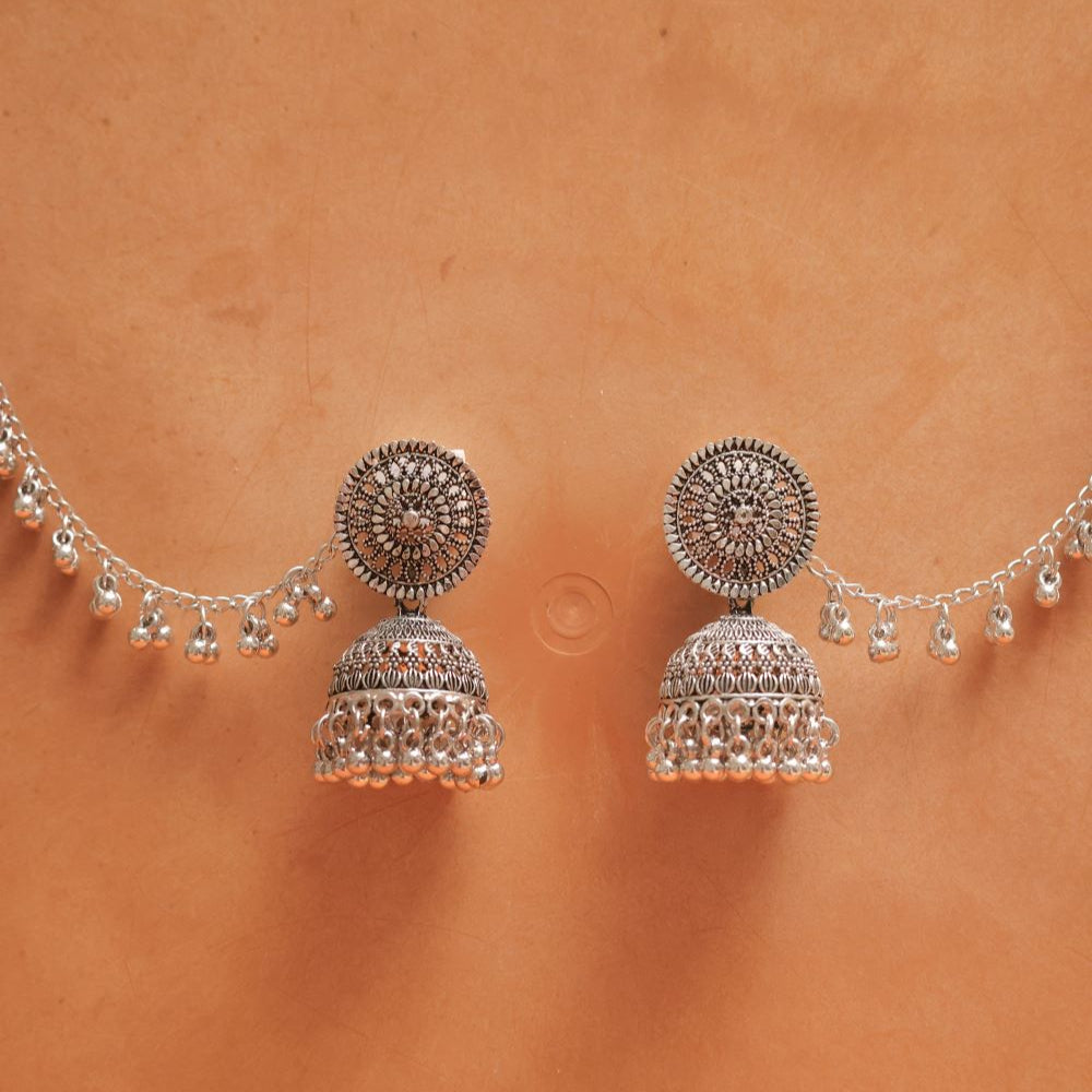 Oxidised Floral Round Earrings with Jhumka Dangles