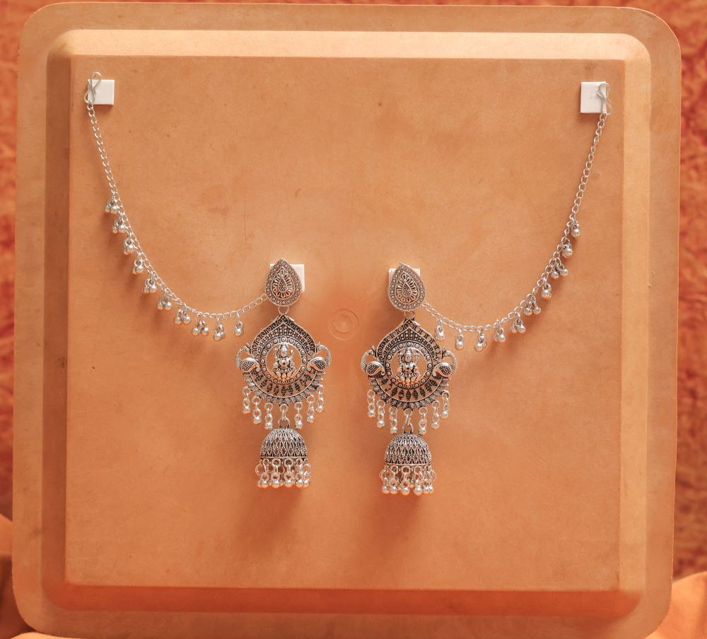 Oxidised Earrings with Teardrop Goddess Motif & Jhumka Drops