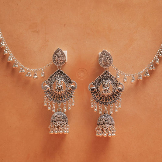 Oxidised Earrings with Teardrop Goddess Motif & Jhumka Drops