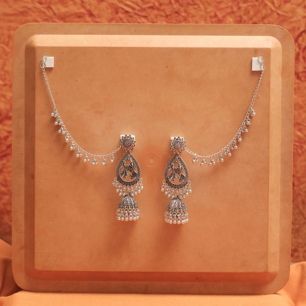 Oxidised Earrings with Teardrop Raas Leela Motif & Jhumka Dangles