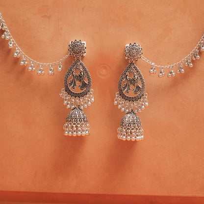 Oxidised Earrings with Teardrop Raas Leela Motif & Jhumka Dangles