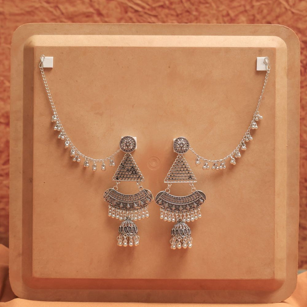 Oxidised Earrings with Triangle Charm & Jhumka Dangles