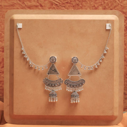 Oxidised Earrings with Triangle Charm & Jhumka Dangles