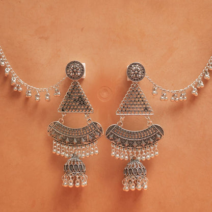 Oxidised Earrings with Triangle Charm & Jhumka Dangles