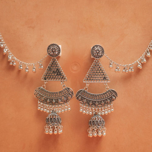 Oxidised Earrings with Triangle Charm & Jhumka Dangles