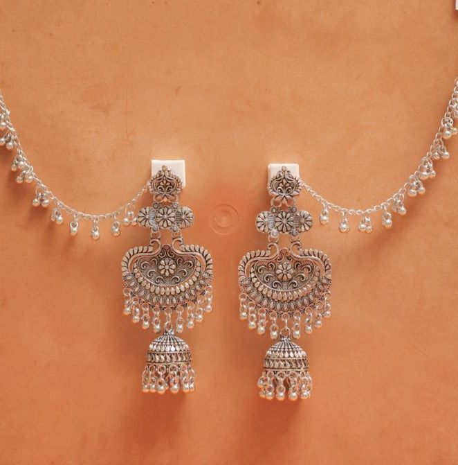 Oxidised Earrings with Ornate Floral Motifs & Jhumka Dangles