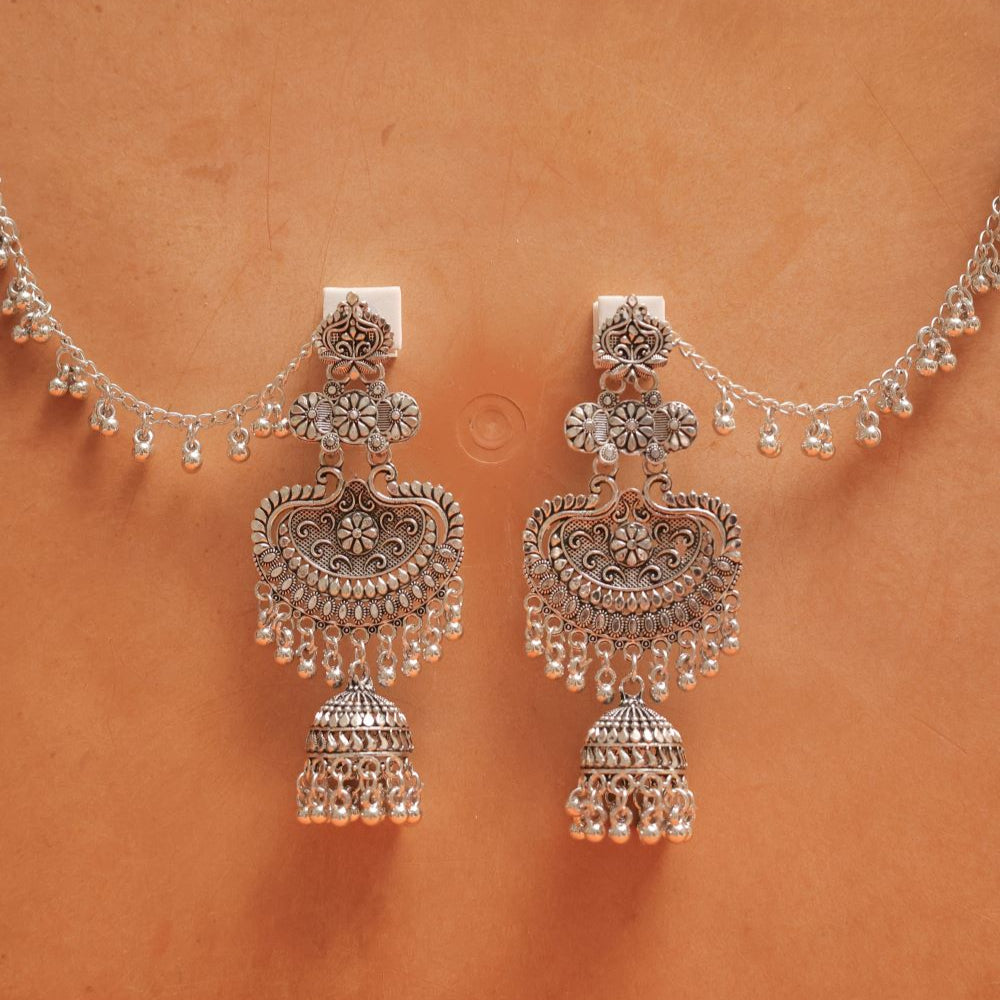 Oxidised Earrings with Ornate Floral Motifs & Jhumka Dangles