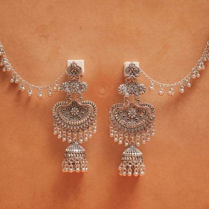 Oxidised Earrings with Ornate Floral Motifs & Jhumka Dangles