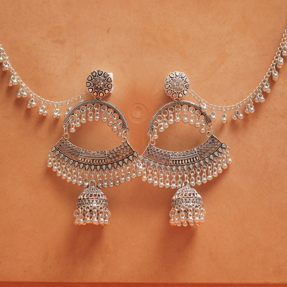 Oxidised Half-Moon Earrings with Dangling Jhumka & Beads