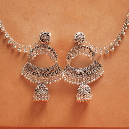 Oxidised Half-Moon Earrings with Dangling Jhumka & Beads
