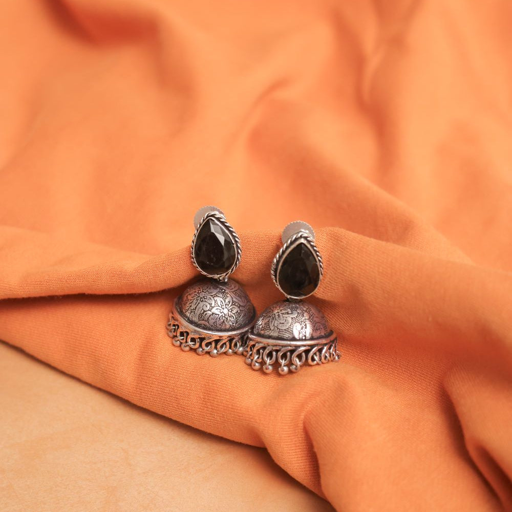 German Silver Jhumka Earrings with Multicolor Gem Cabochons
