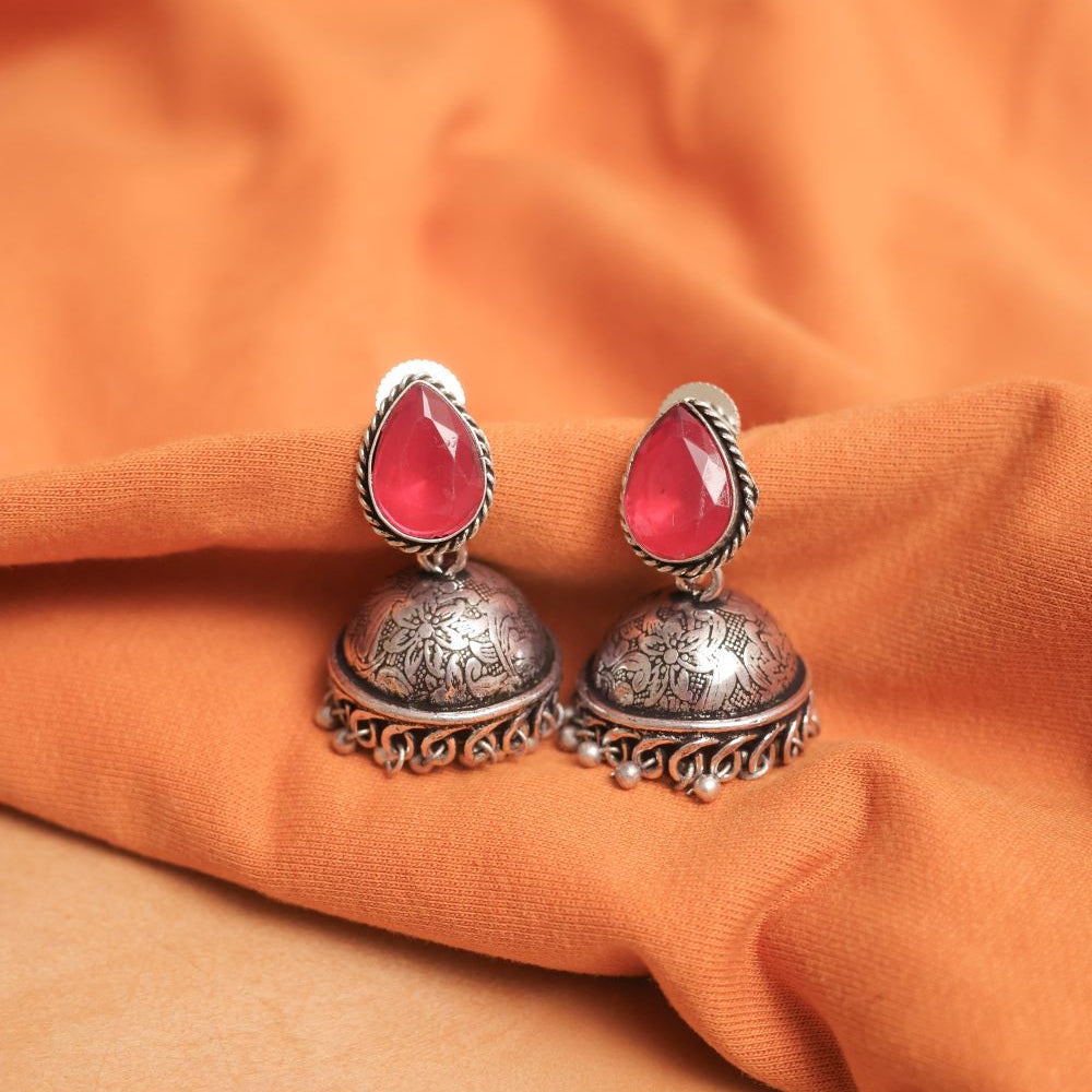 German Silver Jhumka Earrings with Multicolor Gem Cabochons