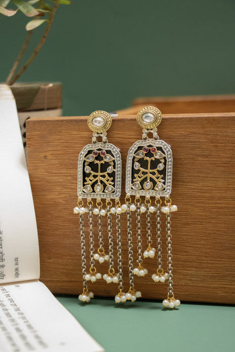 German Silver Two Tone Jharokha Earring with Dangling Chain Beads