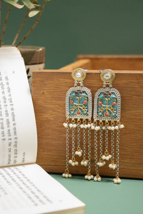 German Silver Two Tone Jharokha Earring with Dangling Chain Beads