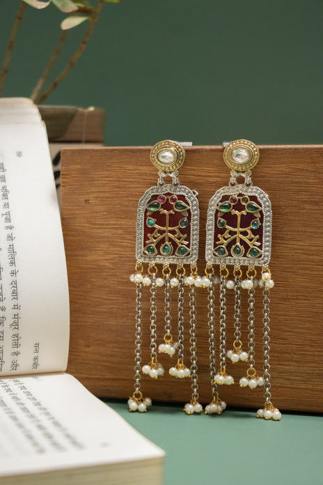 German Silver Two Tone Jharokha Earring with Dangling Chain Beads