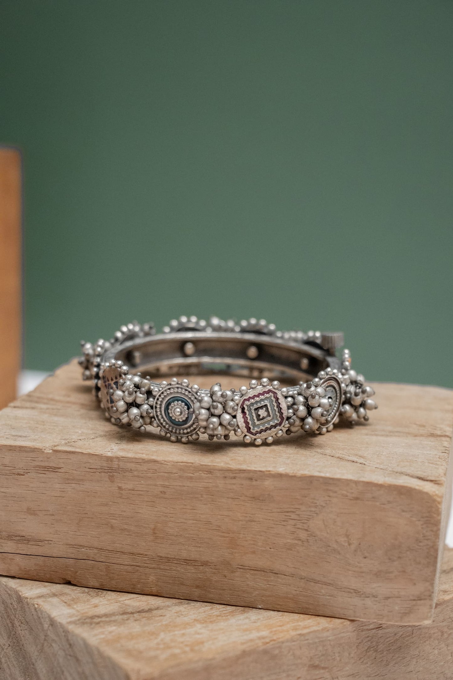 German Silver Round & Square Pattern Kada with Bells