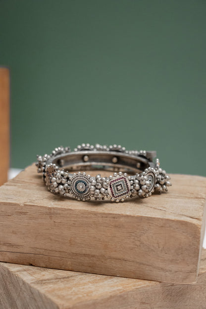 German Silver Round & Square Pattern Kada with Bells