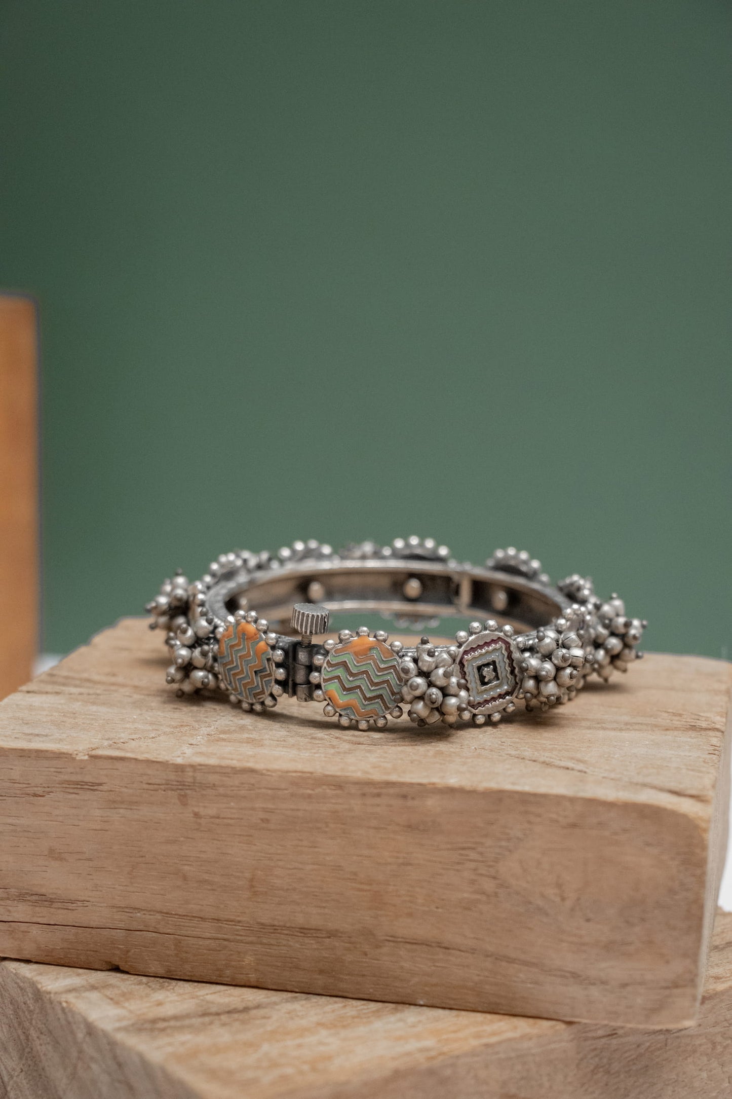 German Silver Round & Square Pattern Kada with Bells