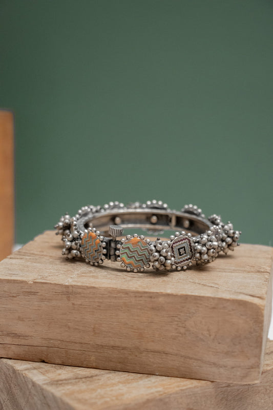 German Silver Round & Square Pattern Kada with Bells