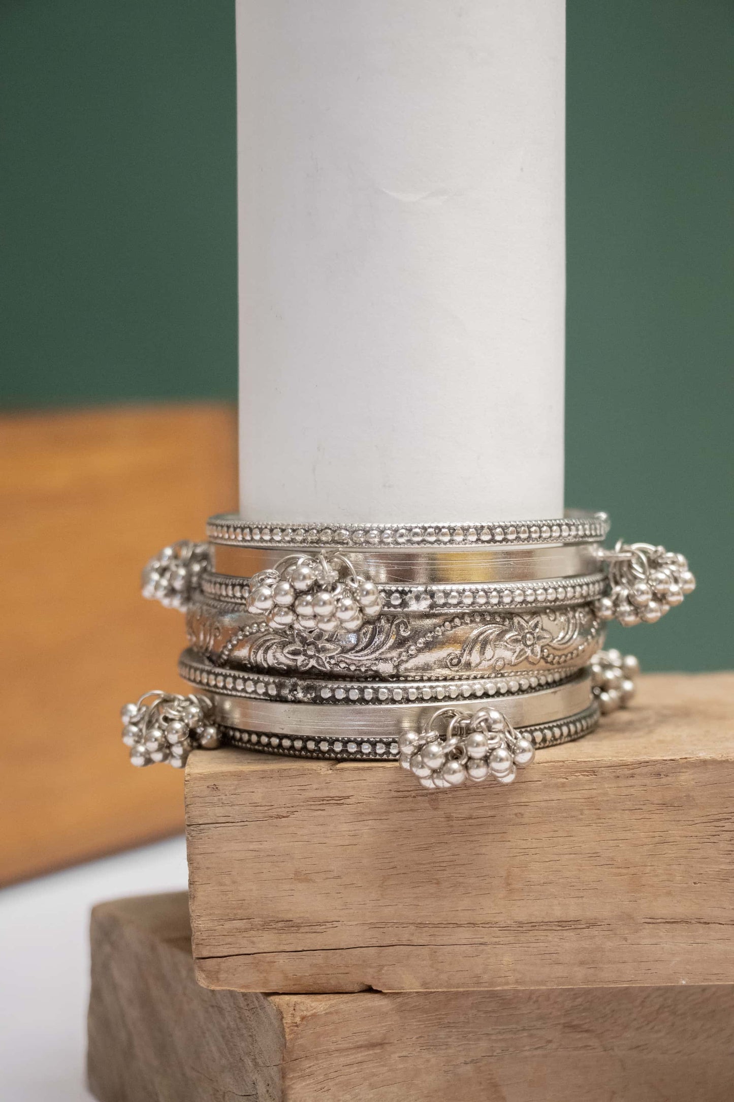 Oxidised Triple Layered Floral Bangles with Dangling Bells (3 Sizes)