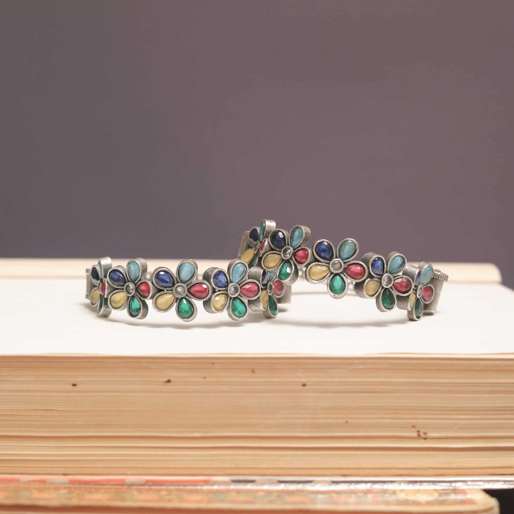 German Silver Kada with Multicolor Cabochon Flowers