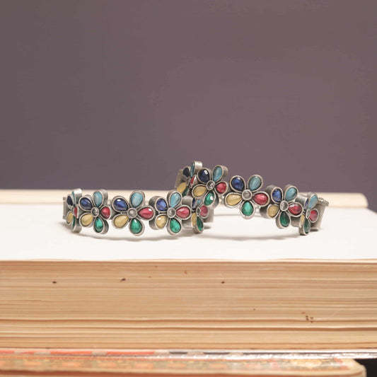 German Silver Kada with Multicolor Cabochon Flowers