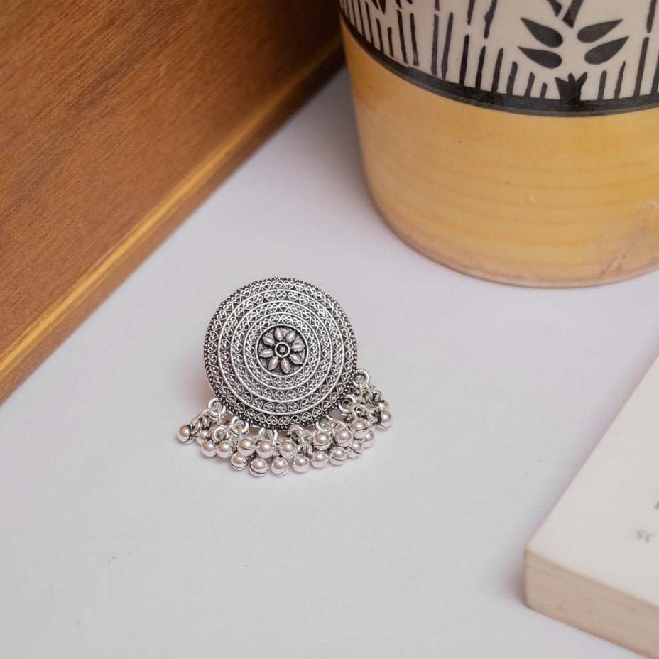 Oxidised Mandala Design Ring with Dangling Beads