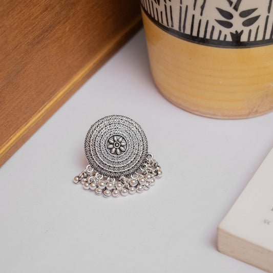 Oxidised Mandala Design Ring with Dangling Beads