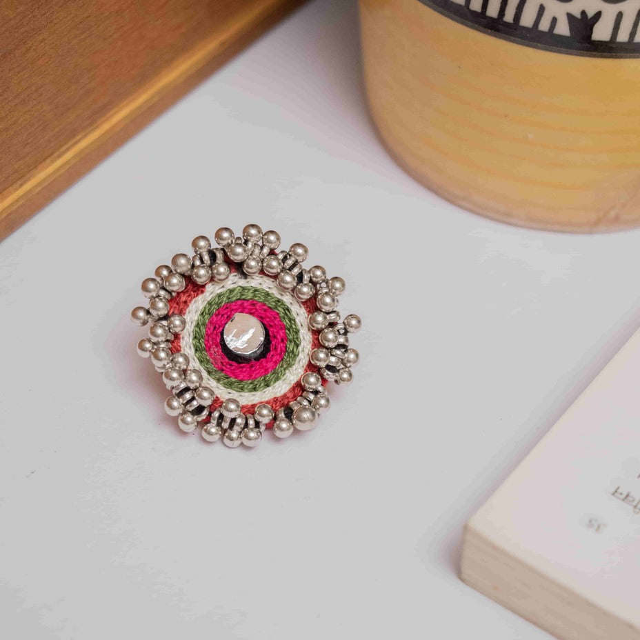 Handcrafted Fabric Mirror Ring with Oxidised Beads