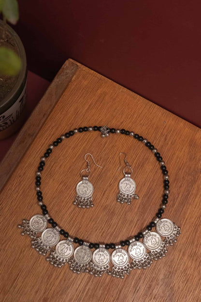 Oxidised Black Beaded Coin Necklace