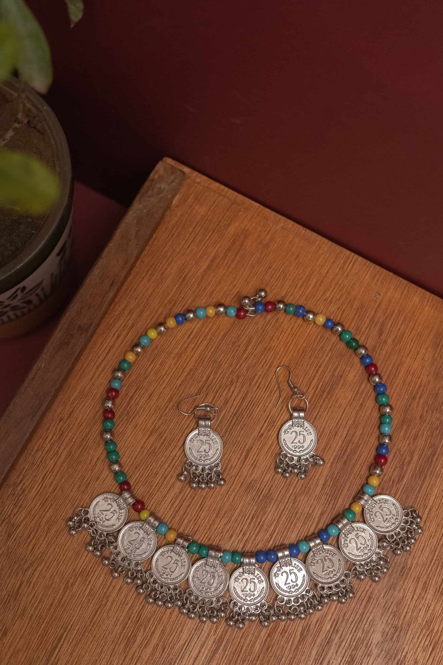 Oxidised Multicolor Beaded Coin Necklace