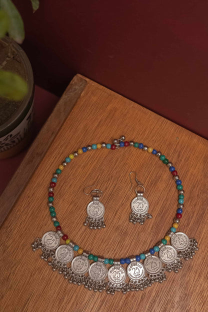 Oxidised Multicolor Beaded Coin Necklace