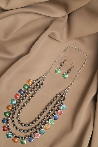 Oxidised Beads Chain Necklace with Hanging Meenakari Discs