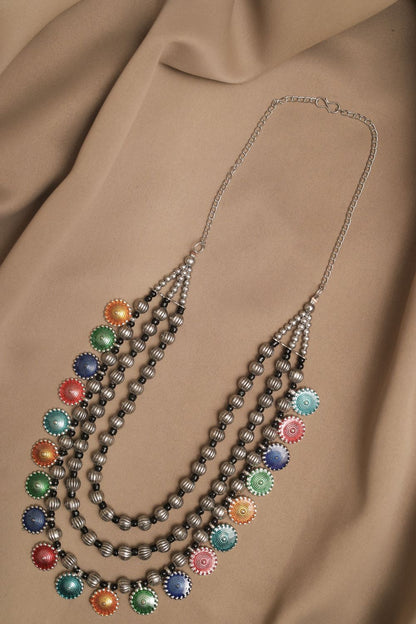 Oxidised Beads Chain Necklace with Hanging Meenakari Discs